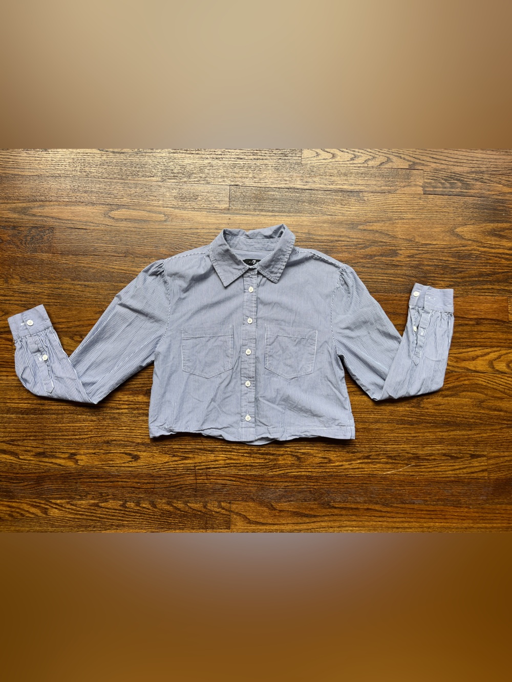 7 For All Mankind Light Blue Striped Button-Down Crop Shirt